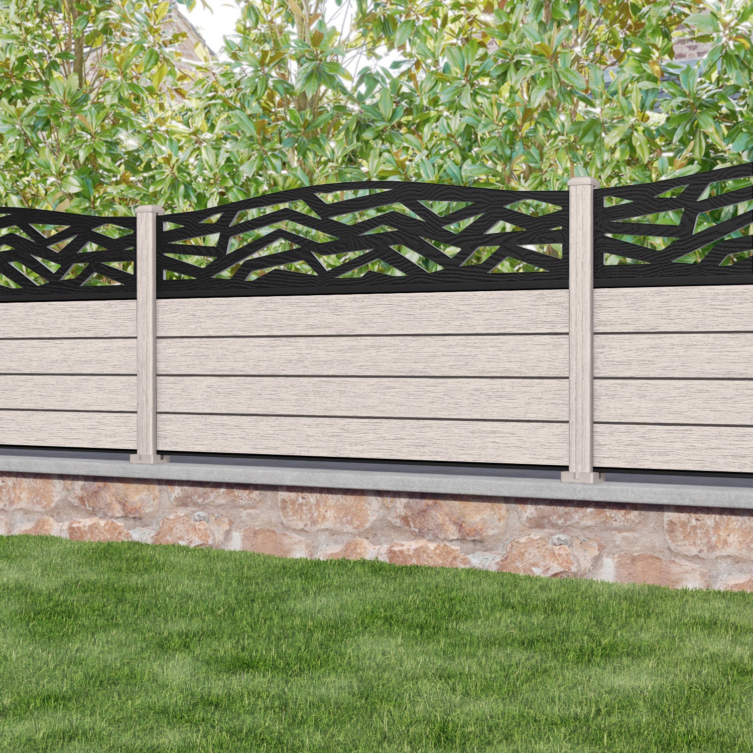 Fusion Zenith Curved Top Fence Panel - Mid Stone - with our composite posts