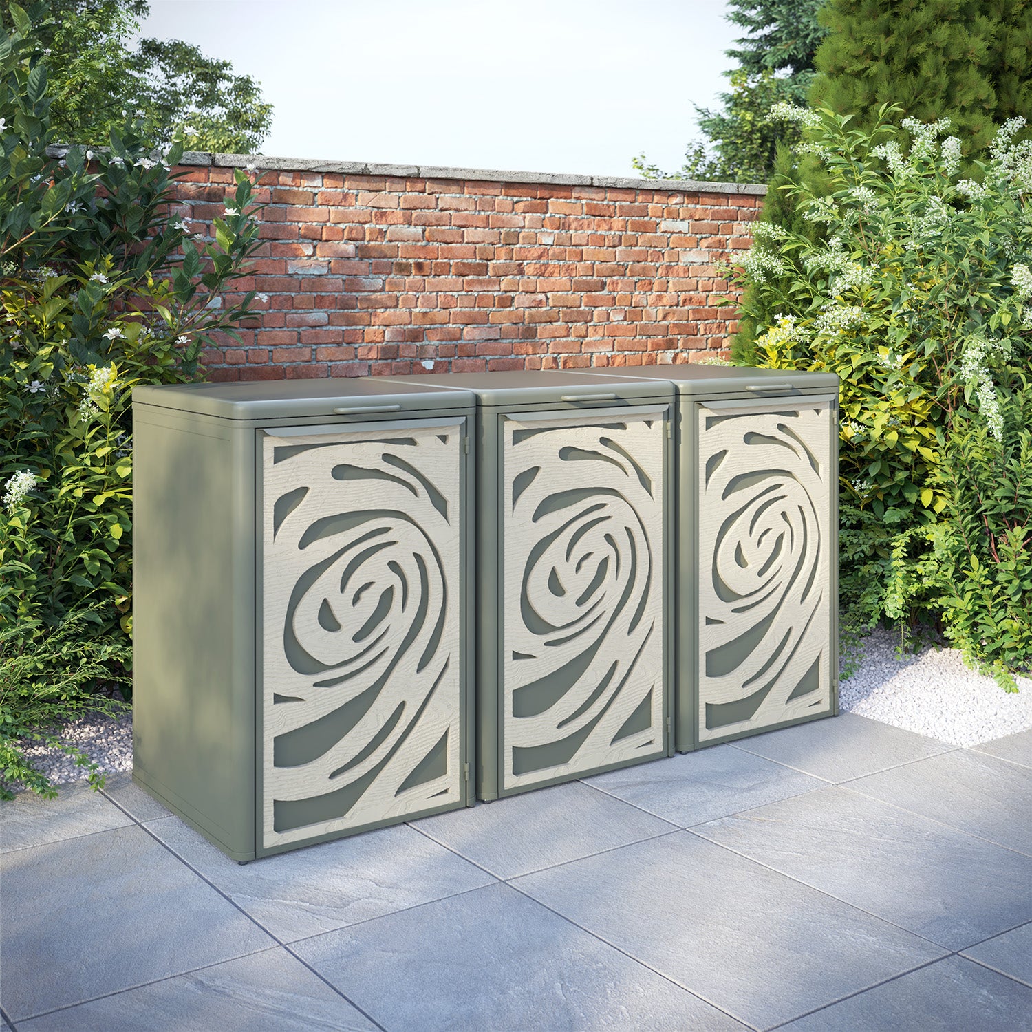 Curva Dusty Green 3 Bin Store with Roses Door Screen