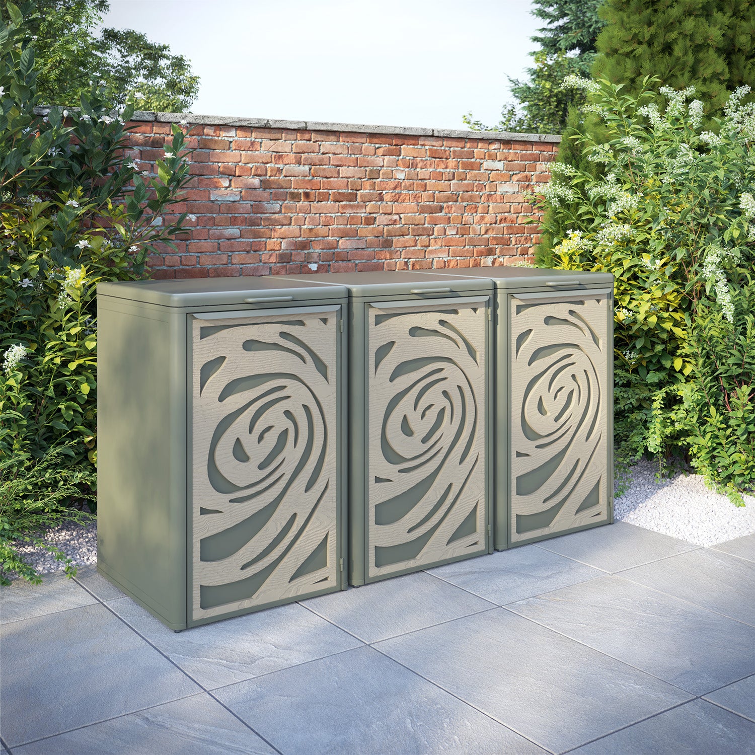 Curva Dusty Green 3 Bin Store with Roses Door Screen
