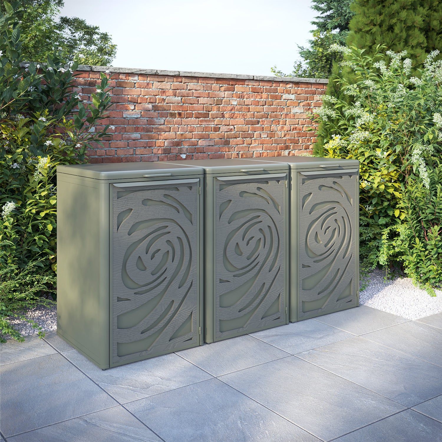 Curva Dusty Green 3 Bin Store with Roses Door Screen