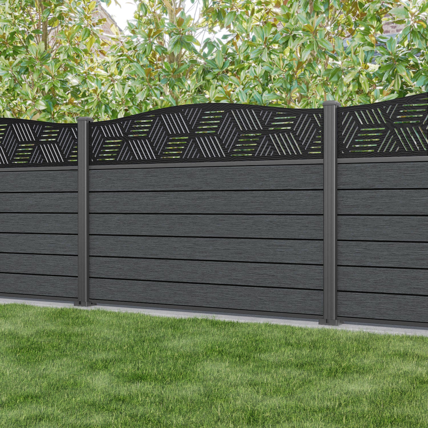 Fusion Cubed Curved Top Fence Panel - Dark Grey - with our aluminium posts