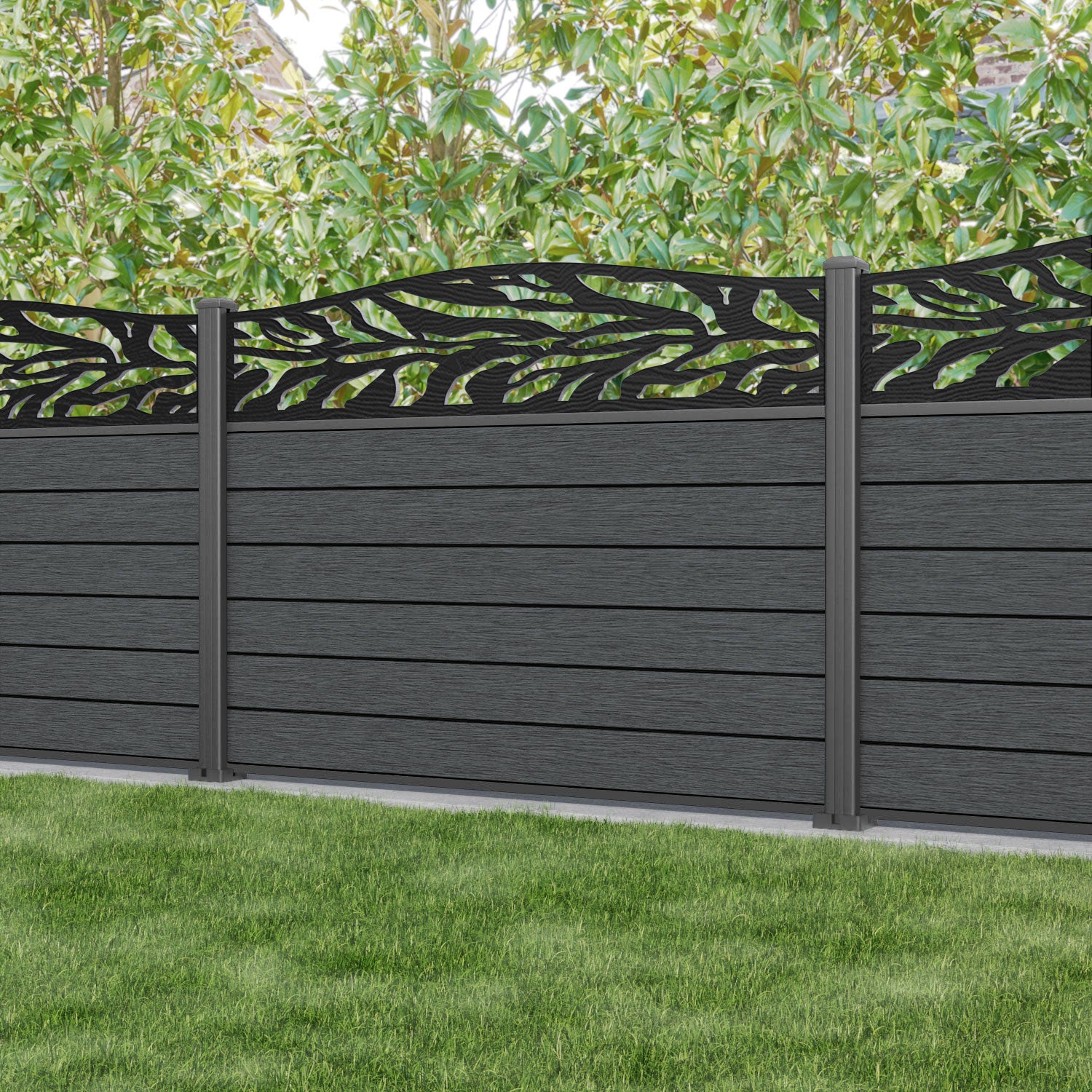 Fusion Malawi Curved Top Fence Panel - Dark Oak - with our aluminium posts