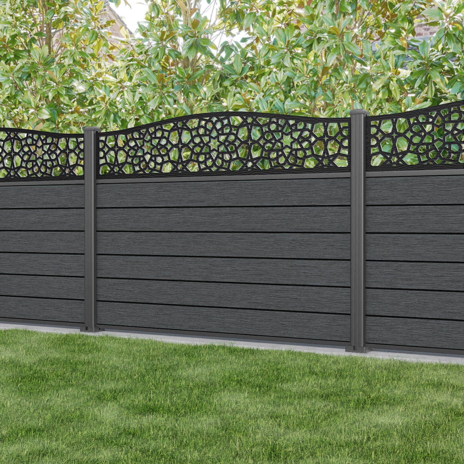 Fusion Nazira Curved Top Fence Panel - Dark Grey - with our aluminium posts