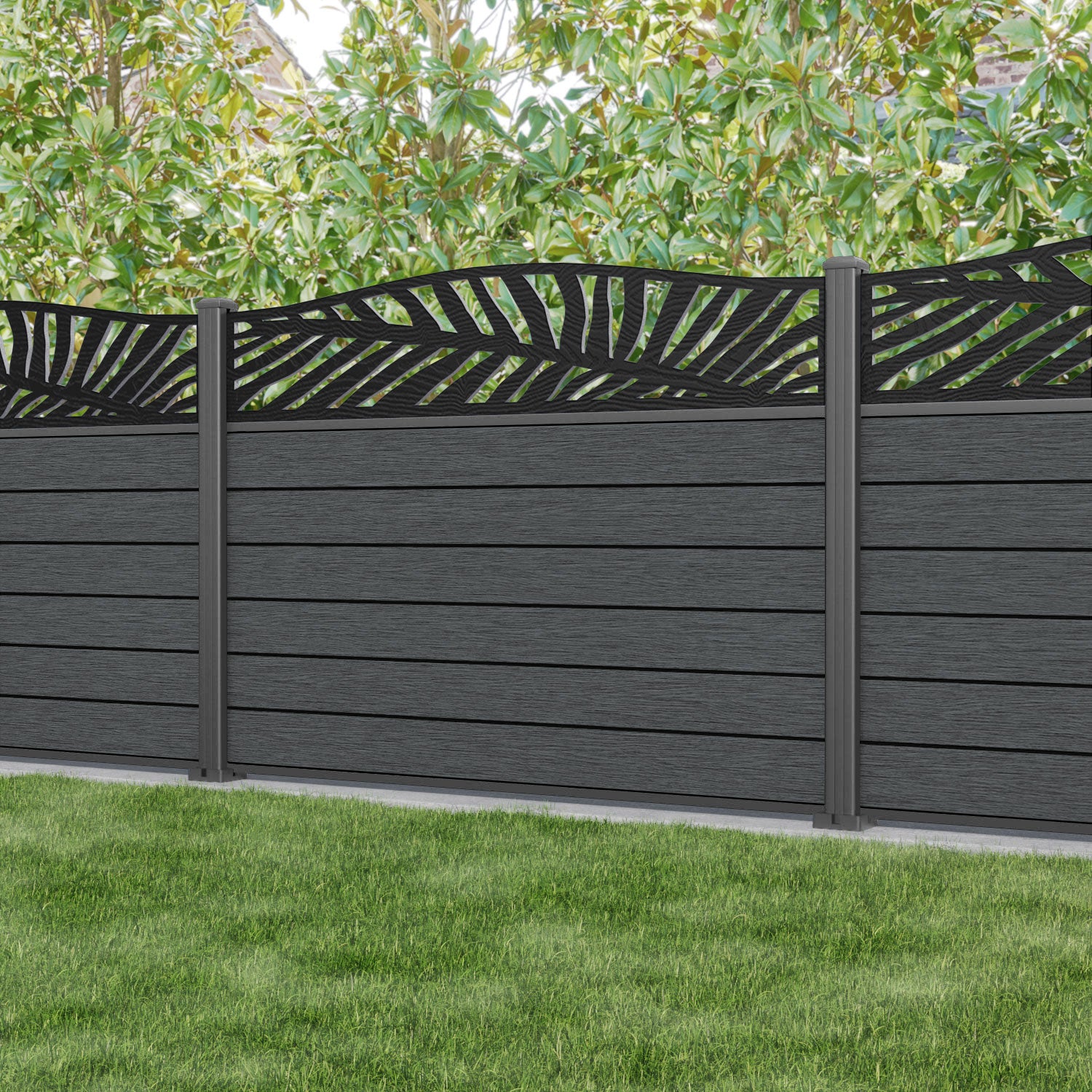 Fusion Palm Curved Top Fence Panel - Dark Grey - with our aluminium posts
