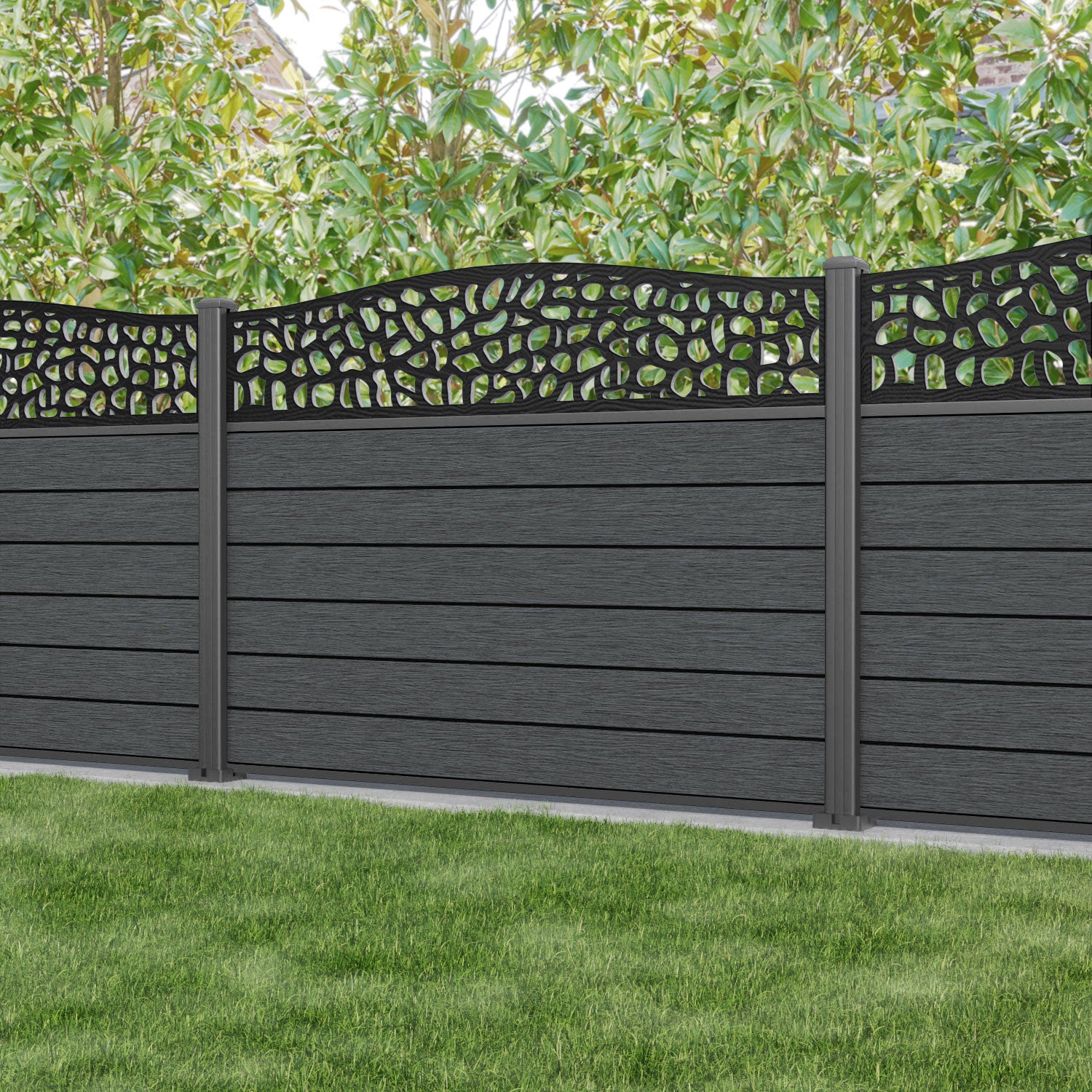 Fusion Pebble Curved Top Fence Panel - Dark Grey - with our aluminium posts