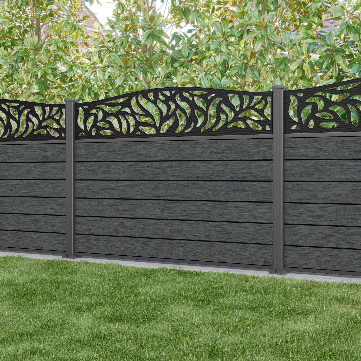 Fusion Plume Curved Top Fence Panel - Dark Grey - with our aluminium posts