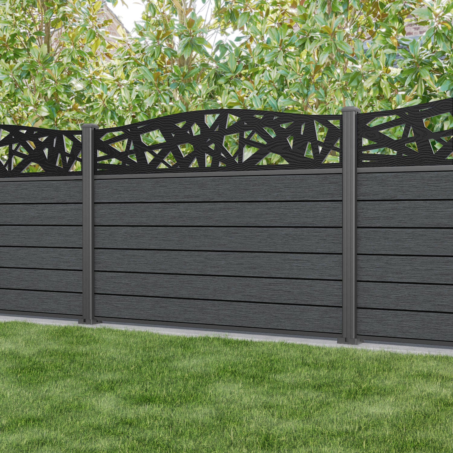 Fusion Prism Curved Top Fence Panel - Dark Grey - with our aluminium posts