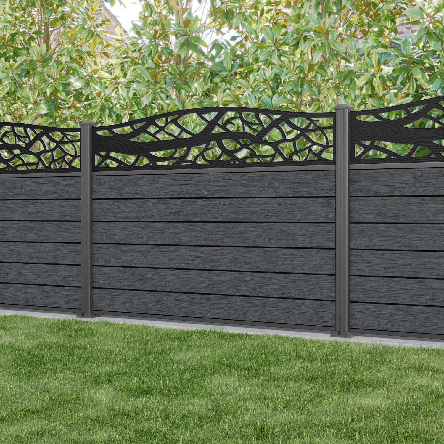 Fusion Twilight Curved Top Fence Panel - Dark Grey - with our aluminium posts