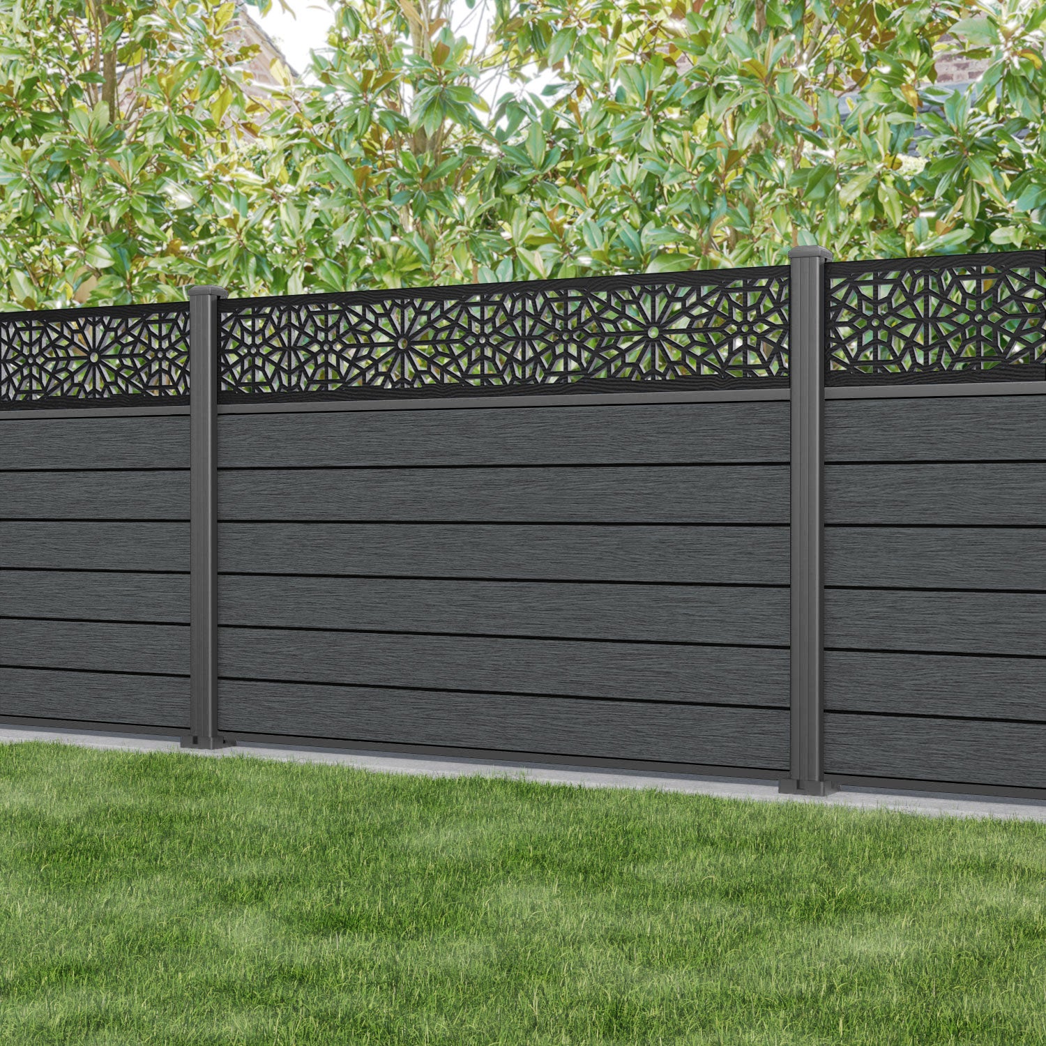 Fusion Alnara Fence Panel - Dark Grey - with our aluminium posts