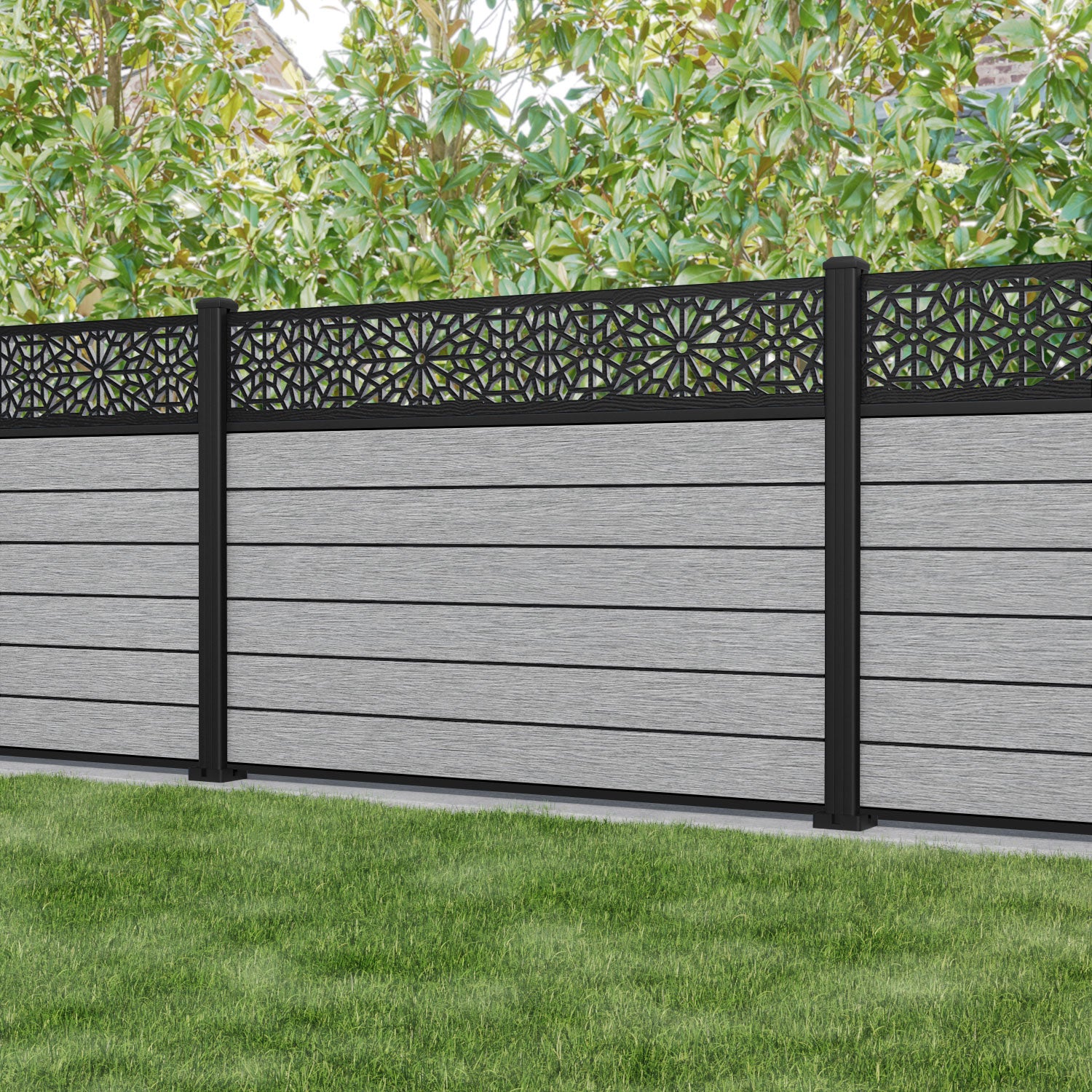 Fusion Alnara Fence Panel - Light Grey - with our aluminium posts