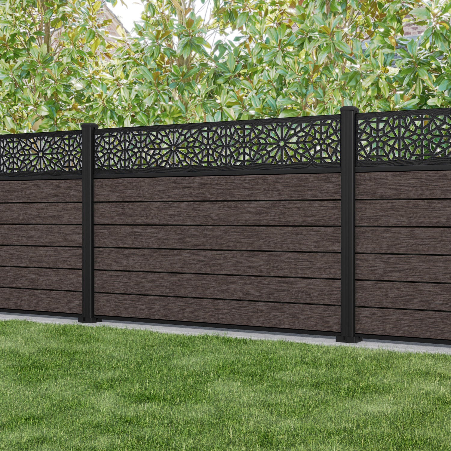 Fusion Alnara Fence Panel - Mid Brown - with our aluminium posts