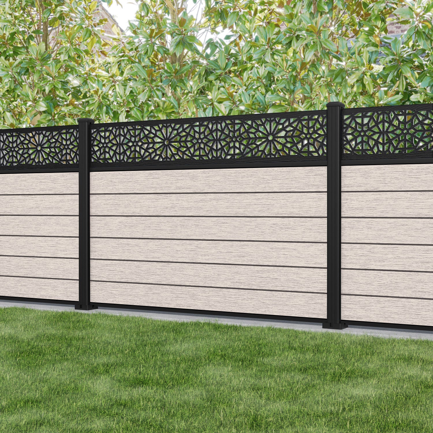 Fusion Alnara Fence Panel - Mid Stone - with our aluminium posts