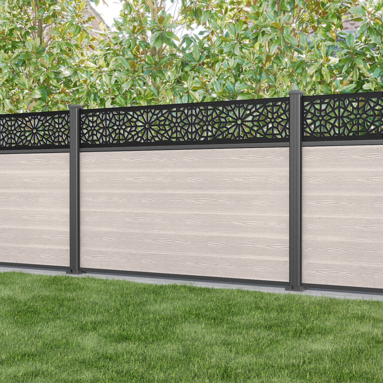 Classic Alnara Fence Panel - Mid Stone - with our aluminium posts