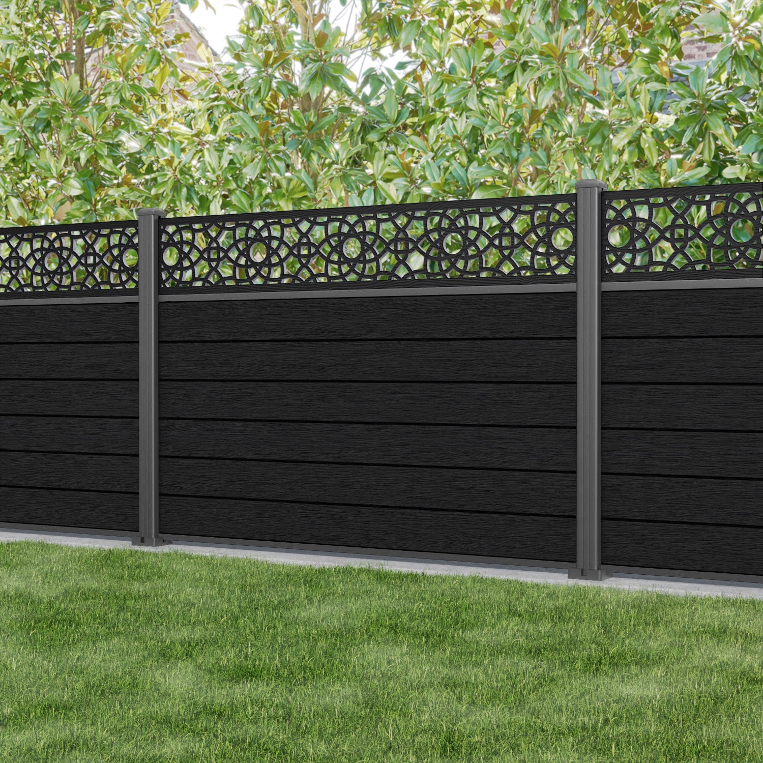 Fusion Ambar Fence Panel - Black - with our aluminium posts