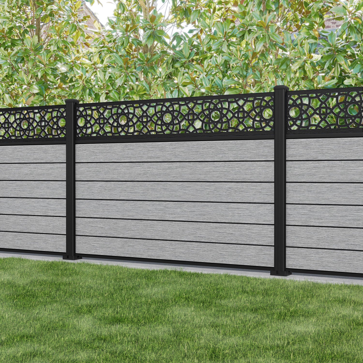 Fusion Ambar Fence Panel - Light Grey - with our aluminium posts