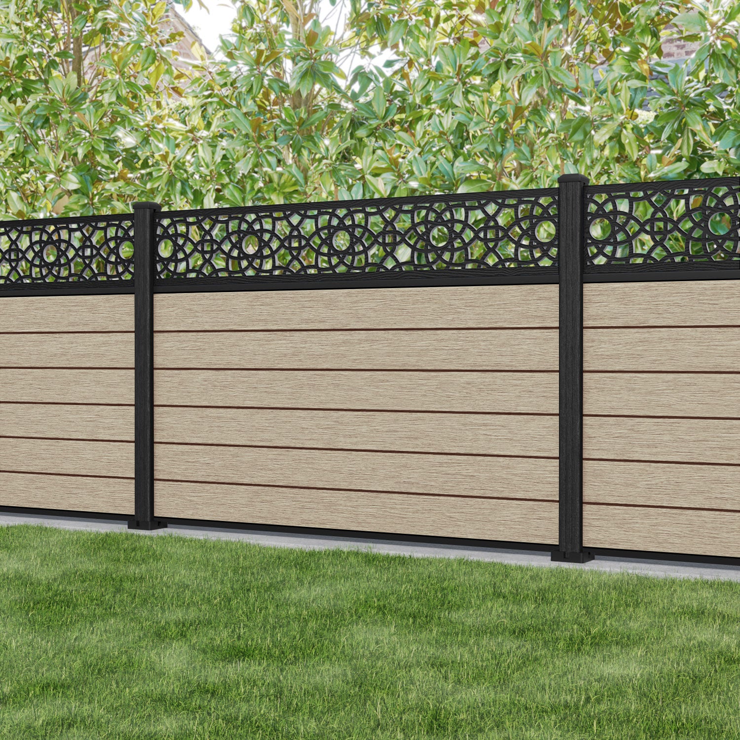 Fusion Ambar Fence Panel - Light Oak - with our composite posts