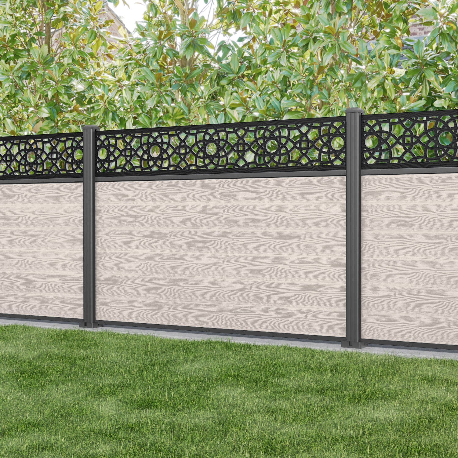 Classic Ambar Fence Panel - Mid Stone - with our aluminium posts