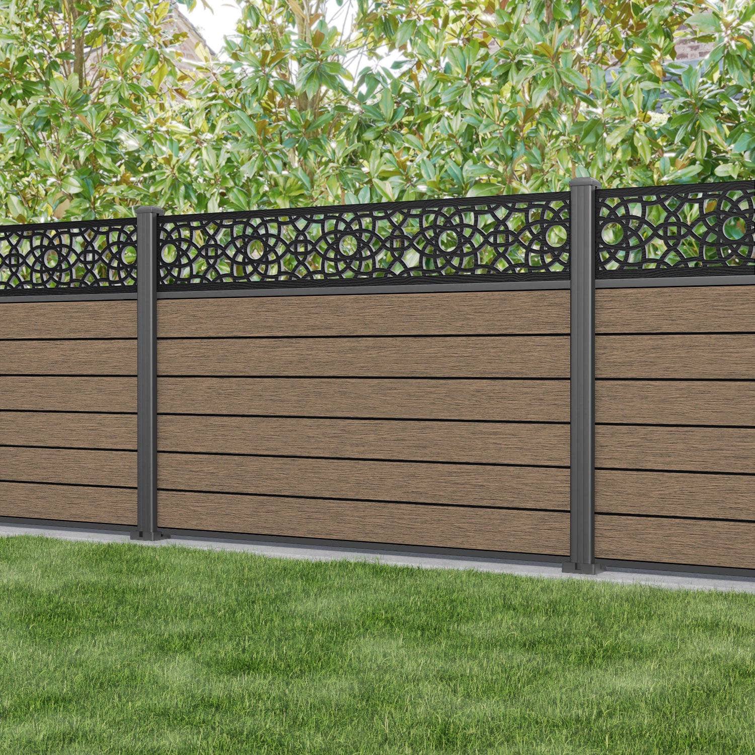 Fusion Ambar Fence Panel - Teak - with our aluminium posts