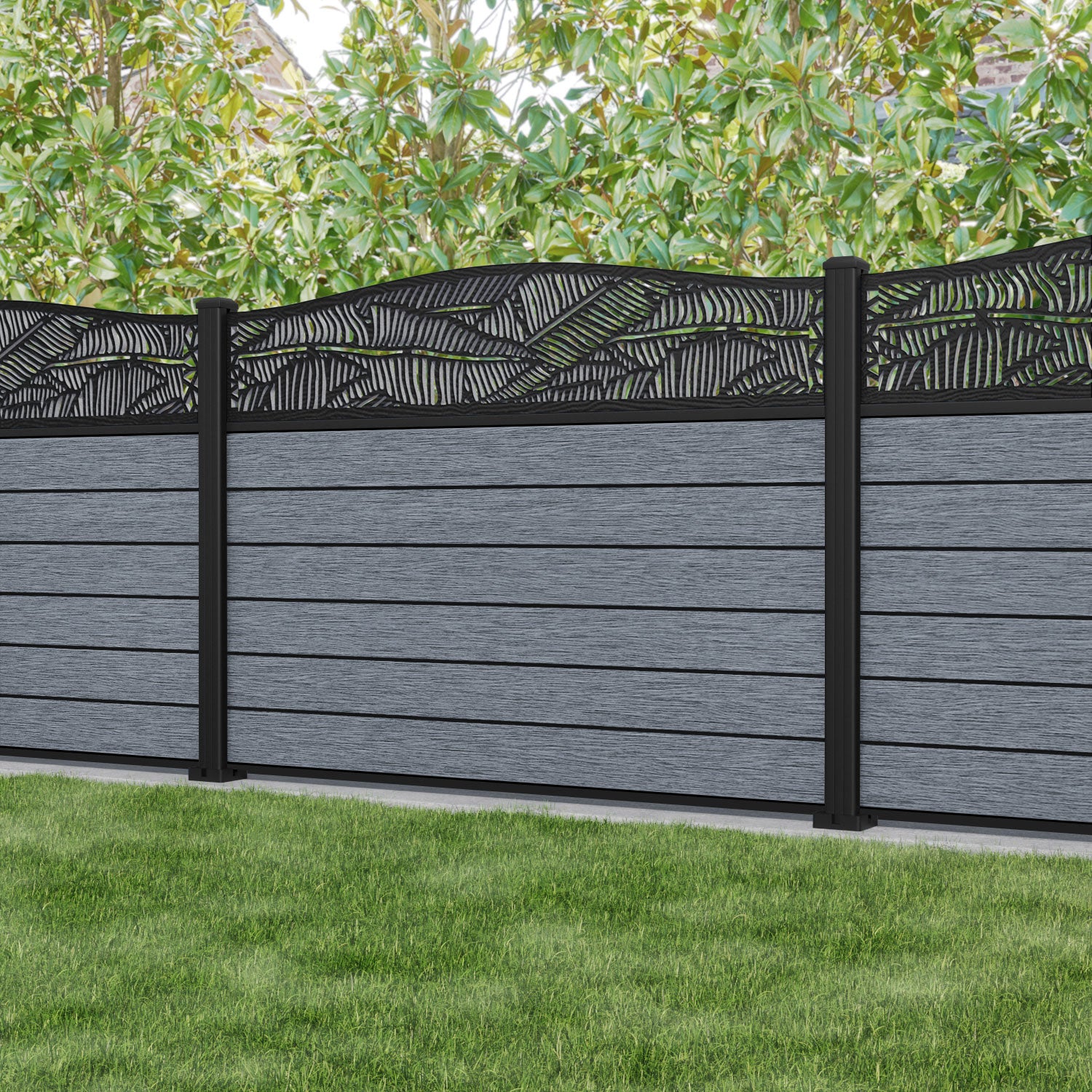 Fusion Feather Curved Top Fence Panel - Anthracite - with our aluminium posts