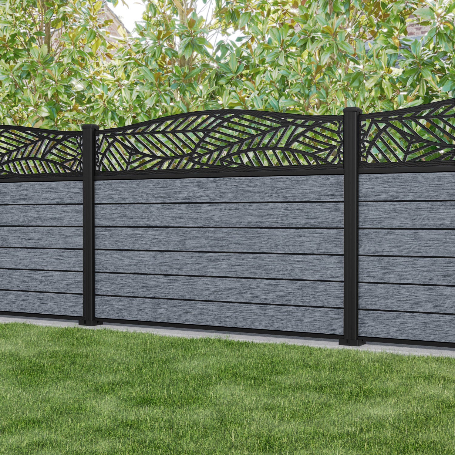 Fusion Habitat Curved Top Fence Panel - Anthracite - with our aluminium posts