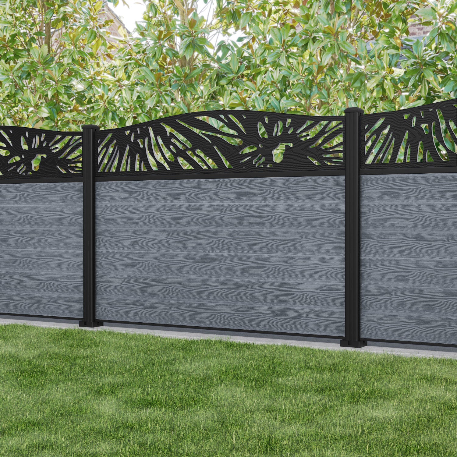 Classic Poppy Curved Top Fence Panel - Anthracite - with our aluminium posts