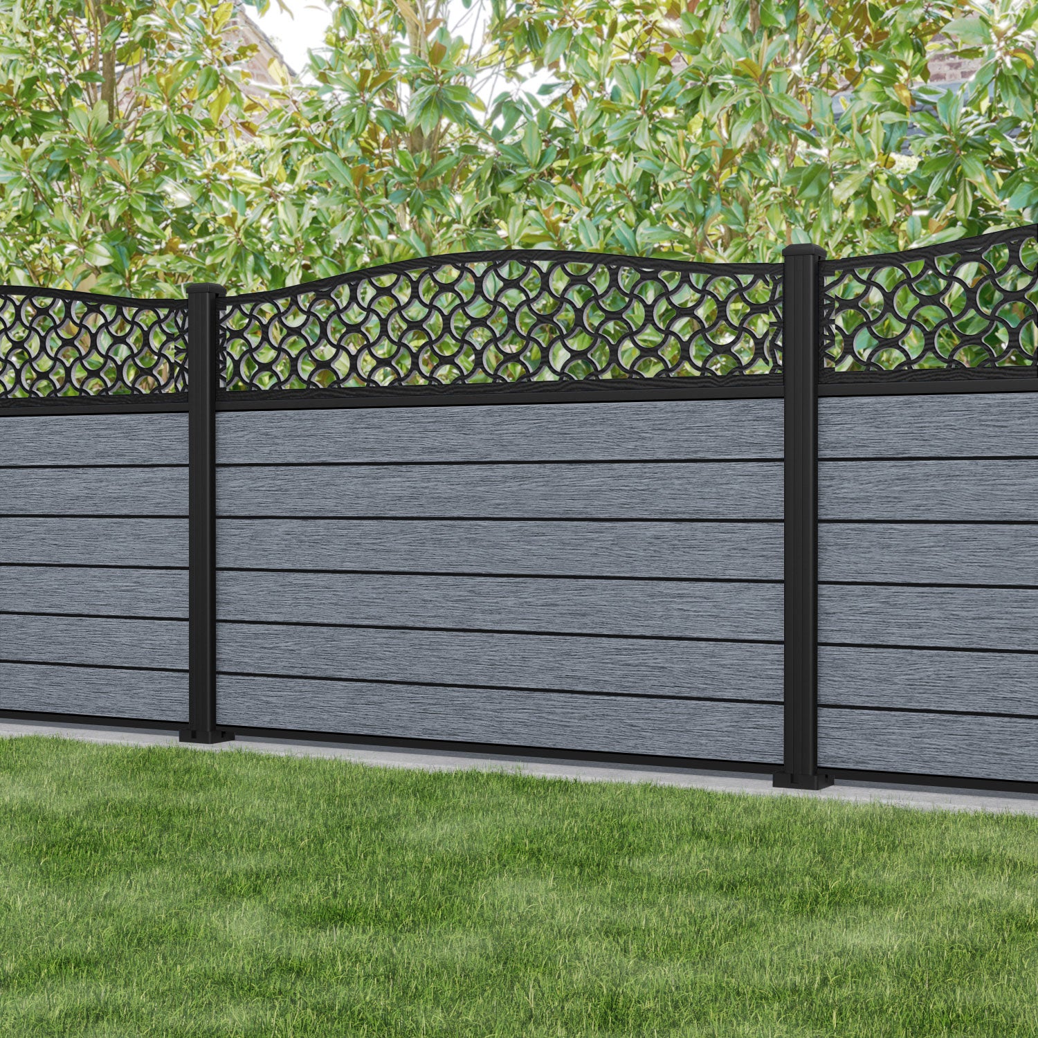 Fusion Vida Curved Top Fence Panel - Anthracite - with our aluminium posts