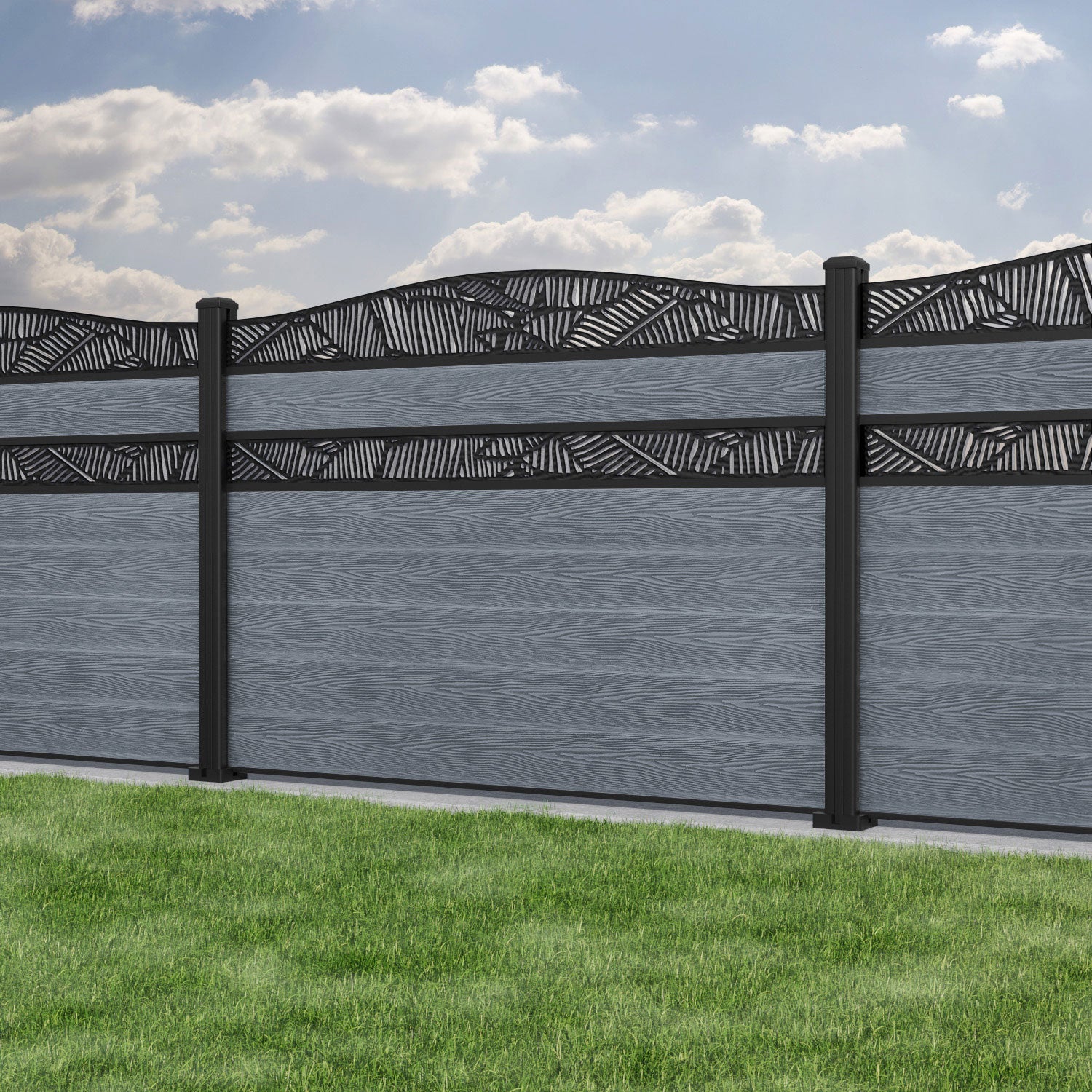 Classic Feather Curved Top Split Screen Fence Panel - Anthracite - with our aluminium posts