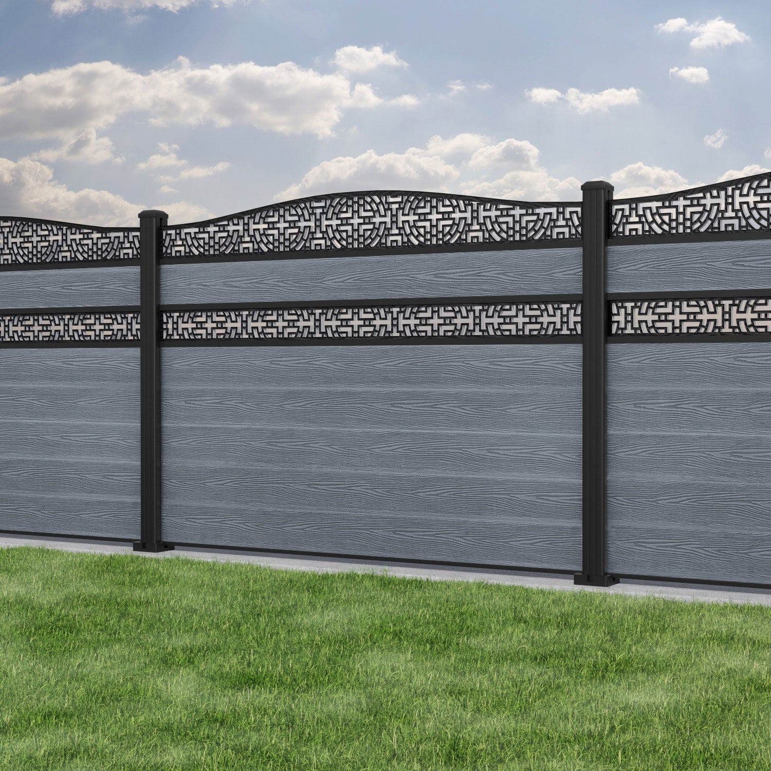 Classic Kumo Curved Top Split Screen Fence Panel - Anthracite - with our aluminium posts