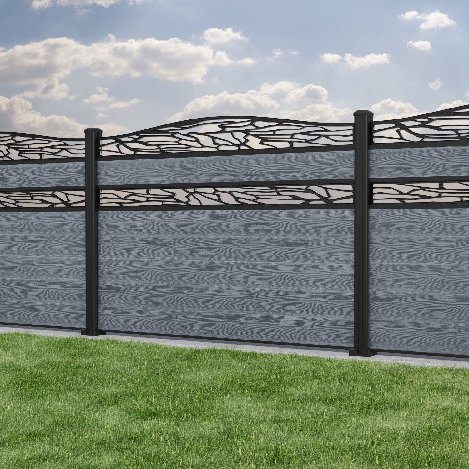 Classic Shatter Curved Top Split Screen Fence Panel - Anthracite - with our aluminium posts