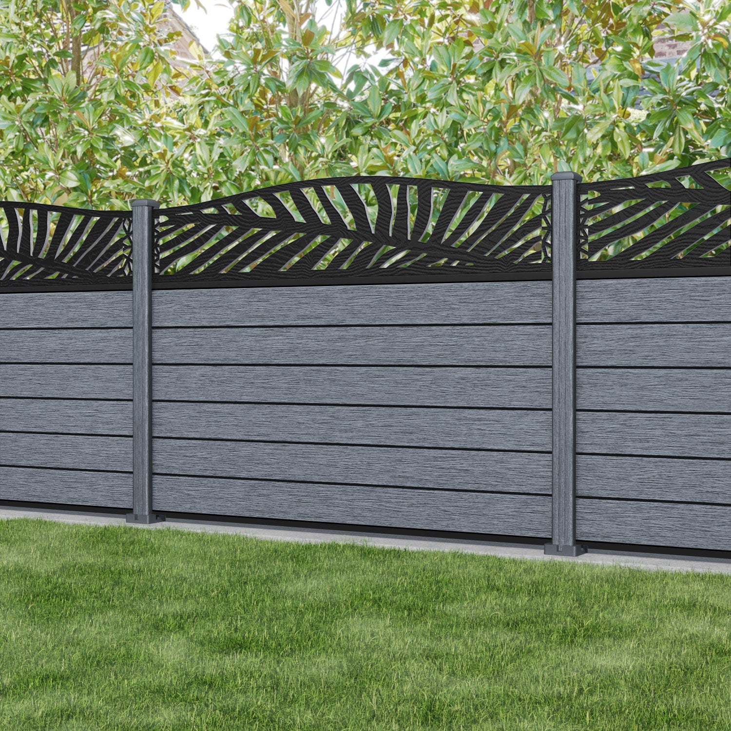 Fusion Palm Curved Top Fence Panel - Anthracite - with our composite posts