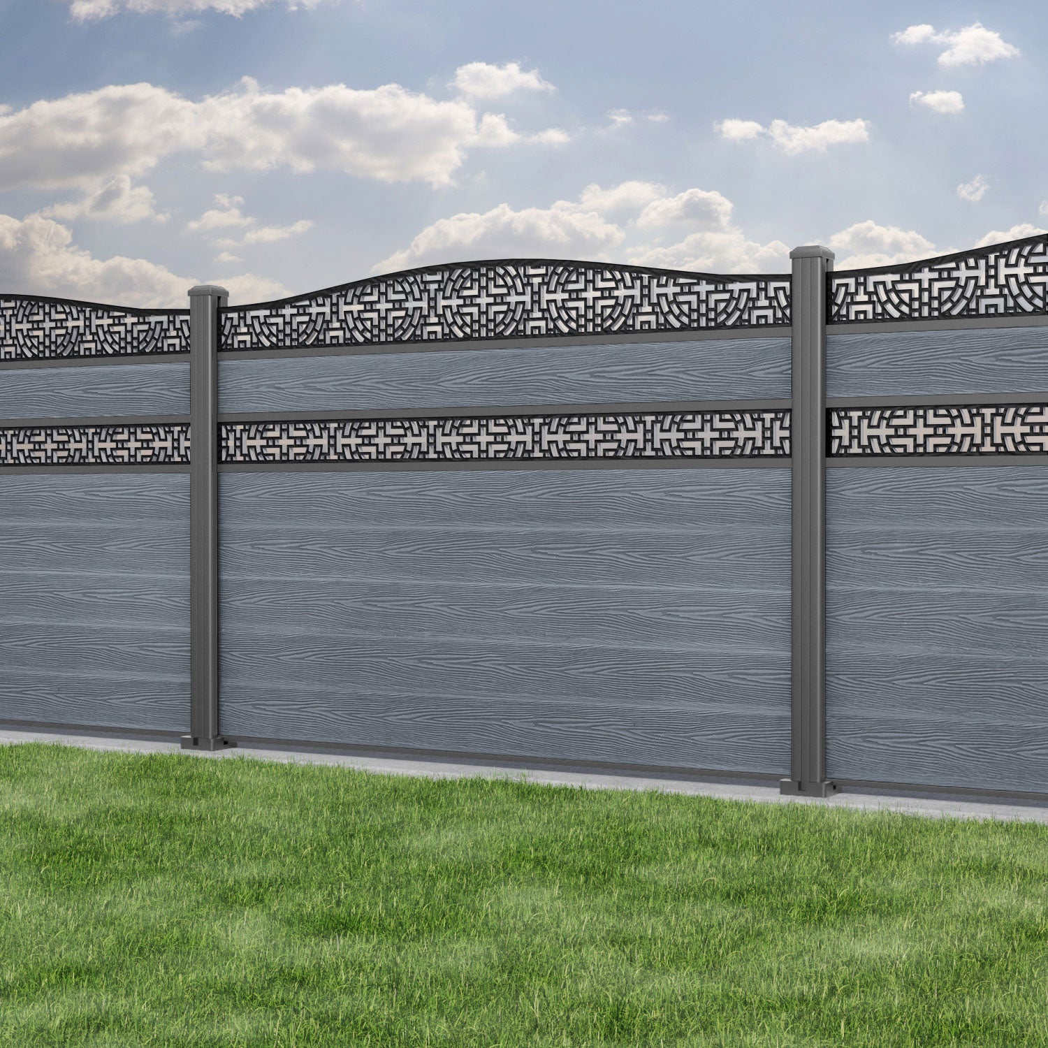 Classic Kumo Curved Top Split Screen Fence Panel - Anthracite - with our aluminium posts