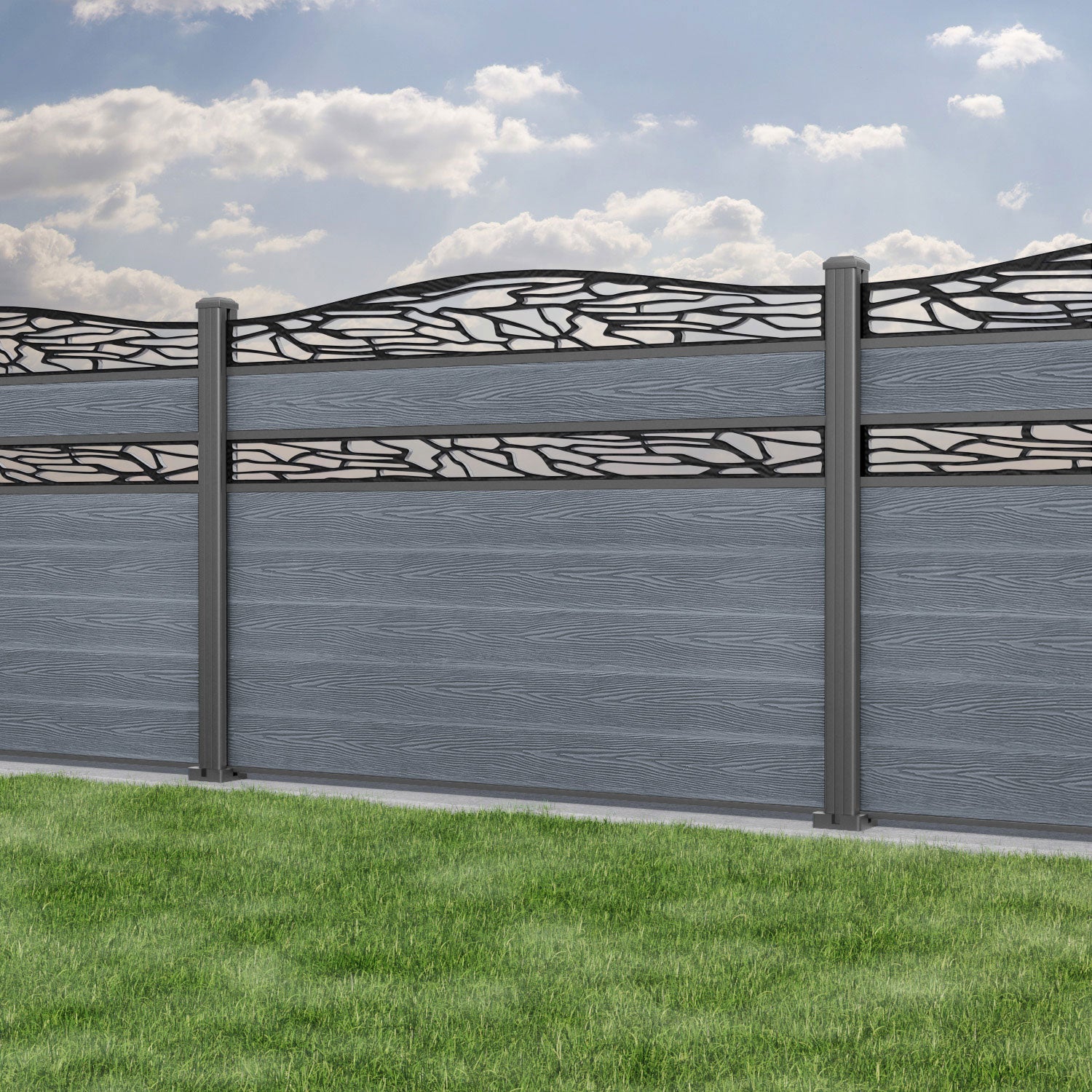 Classic Shatter Curved Top Split Screen Fence Panel - Anthracite - with our aluminium posts