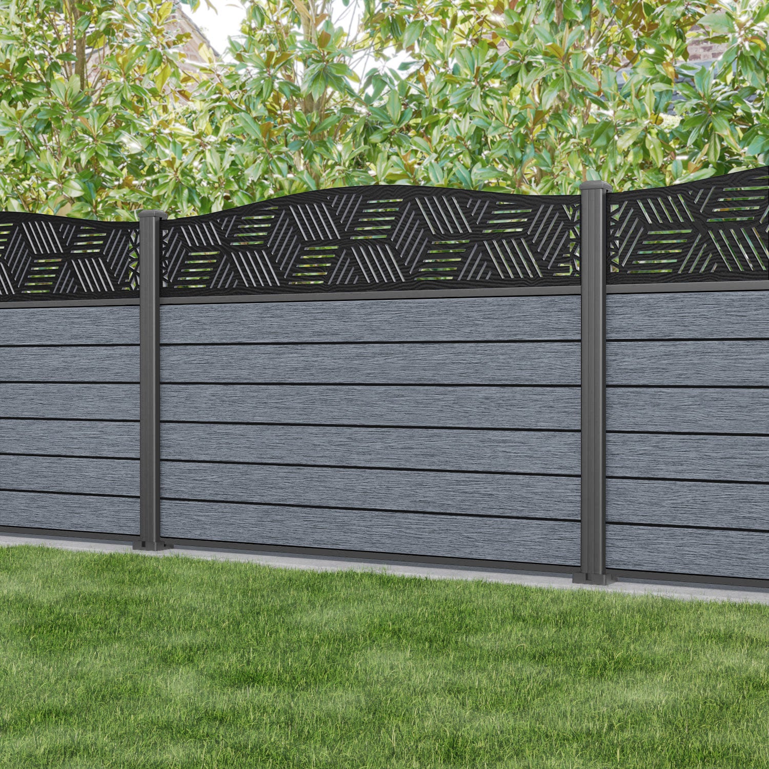 Fusion Cubed Curved Top Fence Panel - Anthracite - with our aluminium posts