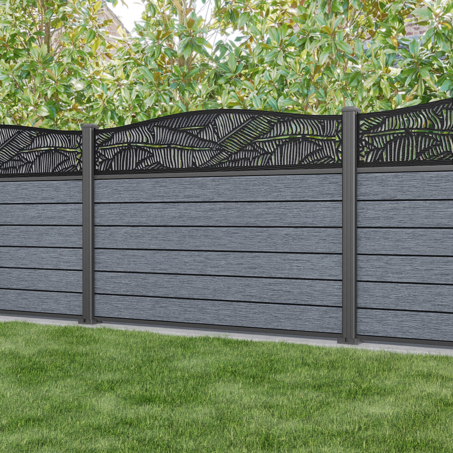 Fusion Feather Curved Top Fence Panel - Anthracite - with our aluminium posts