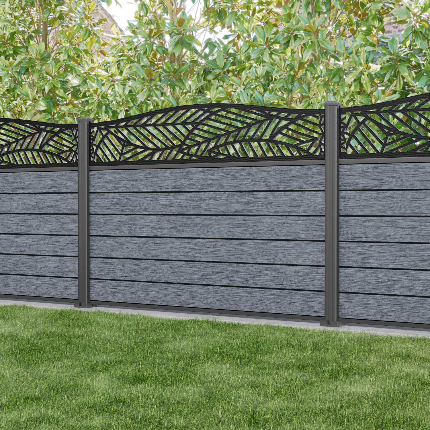 Fusion Habitat Curved Top Fence Panel - Anthracite - with our aluminium posts