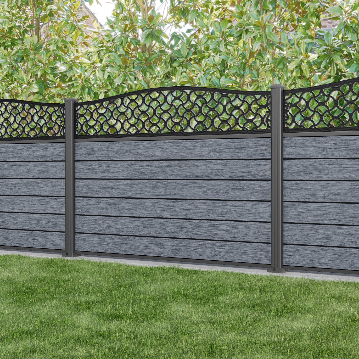 Fusion Vida Curved Top Fence Panel - Anthracite - with our aluminium posts