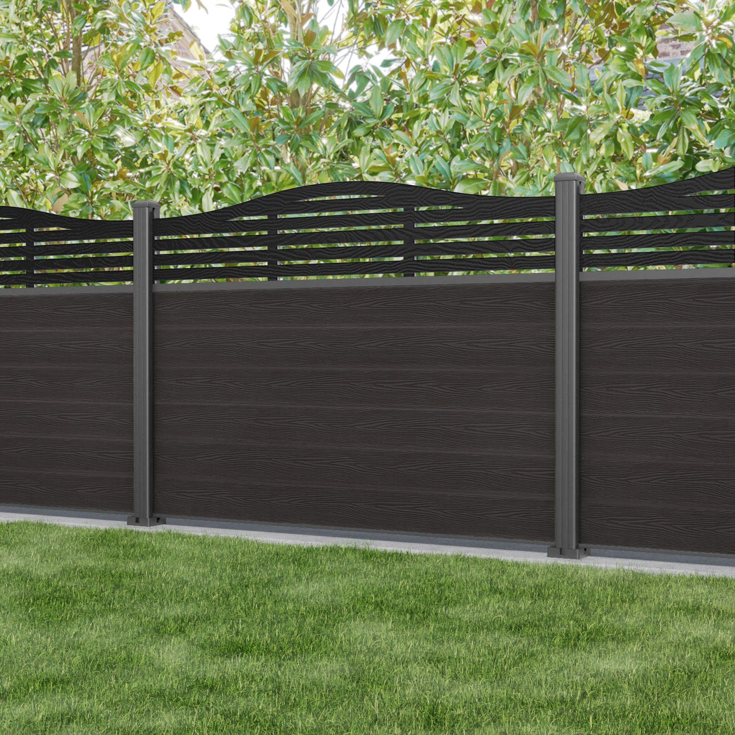 Classic Aspen Curved Top Fence Panel - Dark Oak - with our aluminium posts