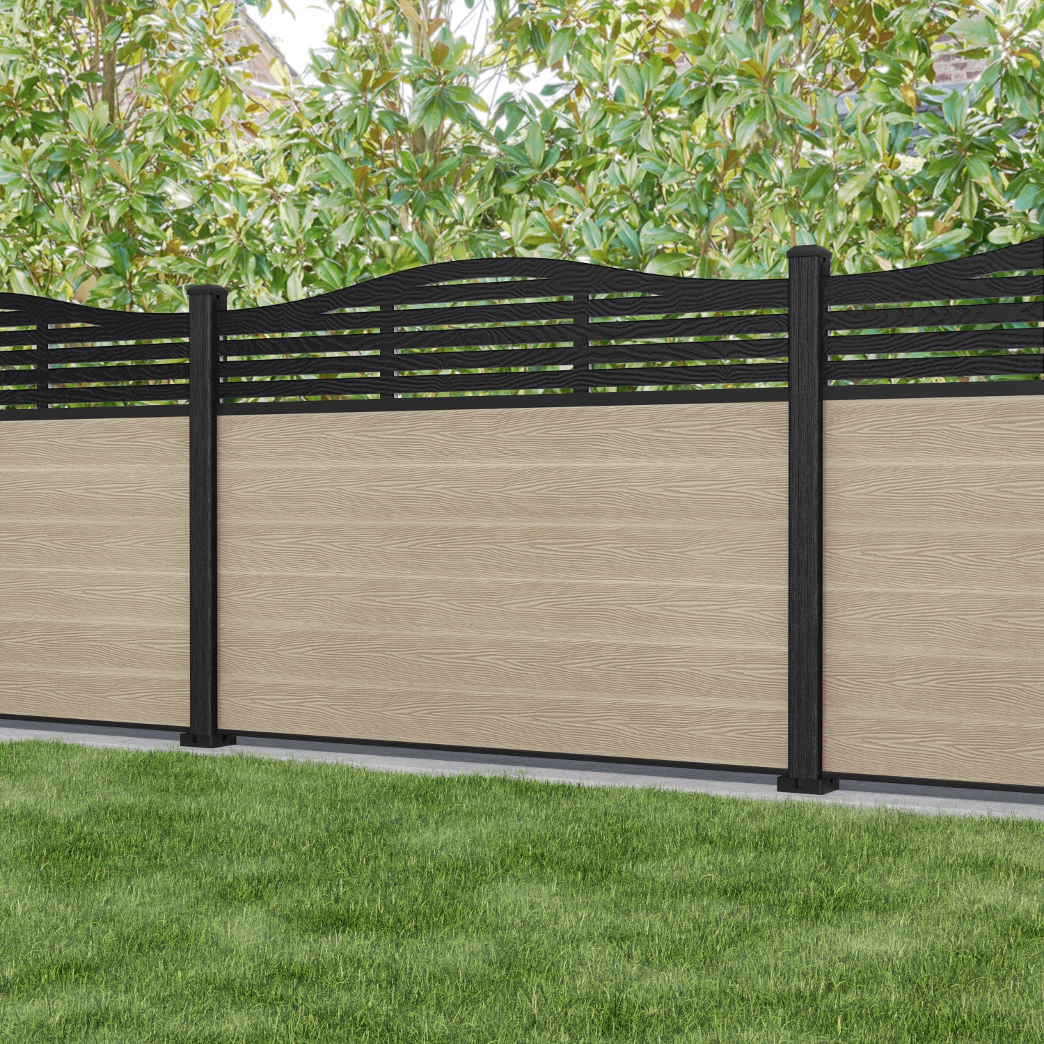 Classic Aspen Curved Top Fence Panel - Light Oak - with our composite posts