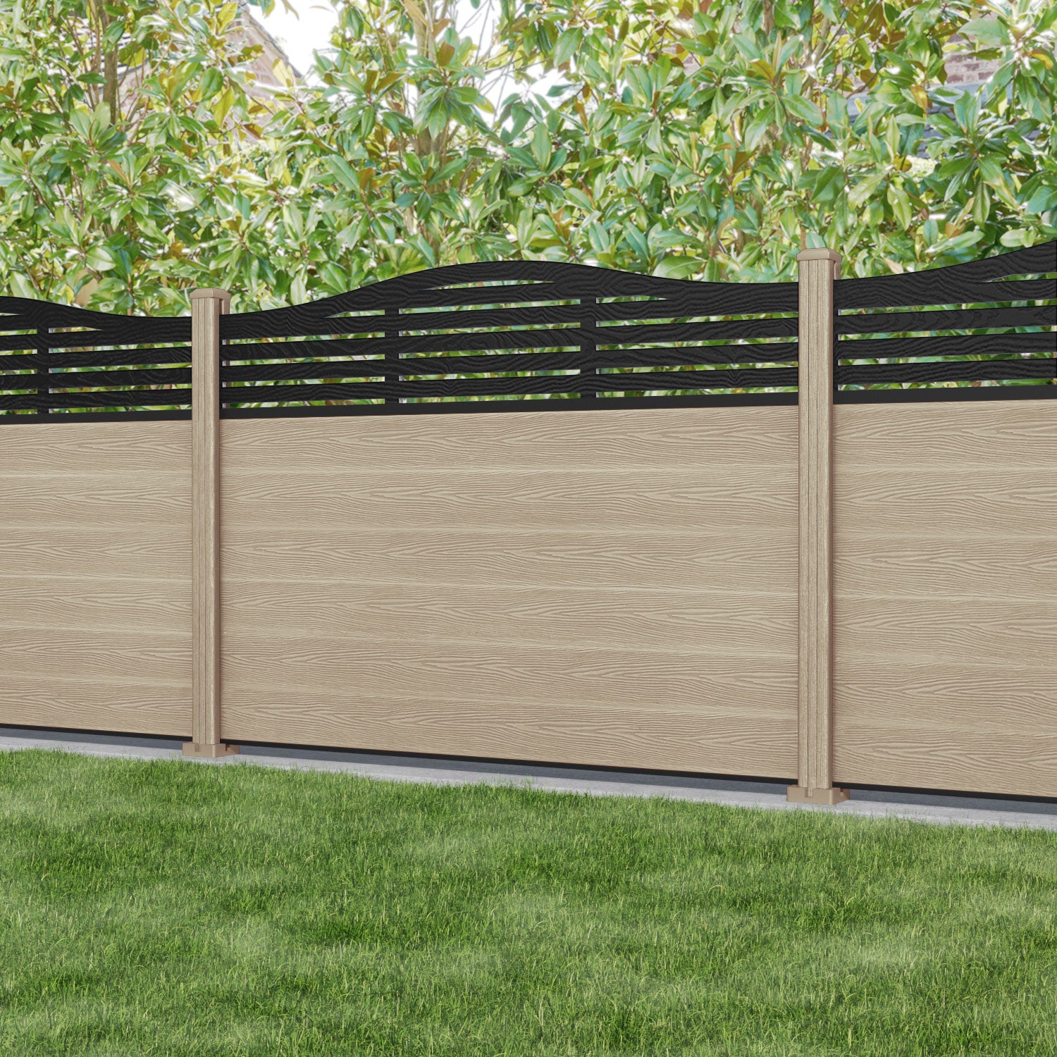 Classic Aspen Curved Top Fence Panel - Light Oak - with our composite posts