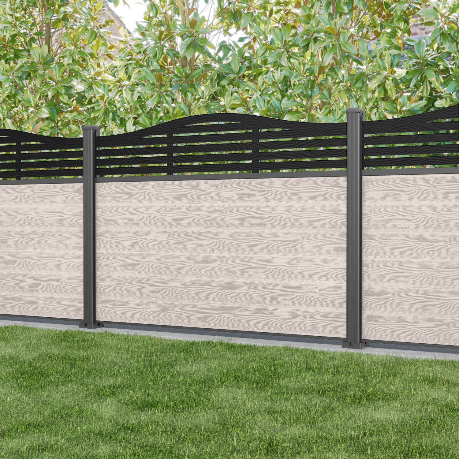 Classic Aspen Curved Top Fence Panel - Mid Stone - with our aluminium posts