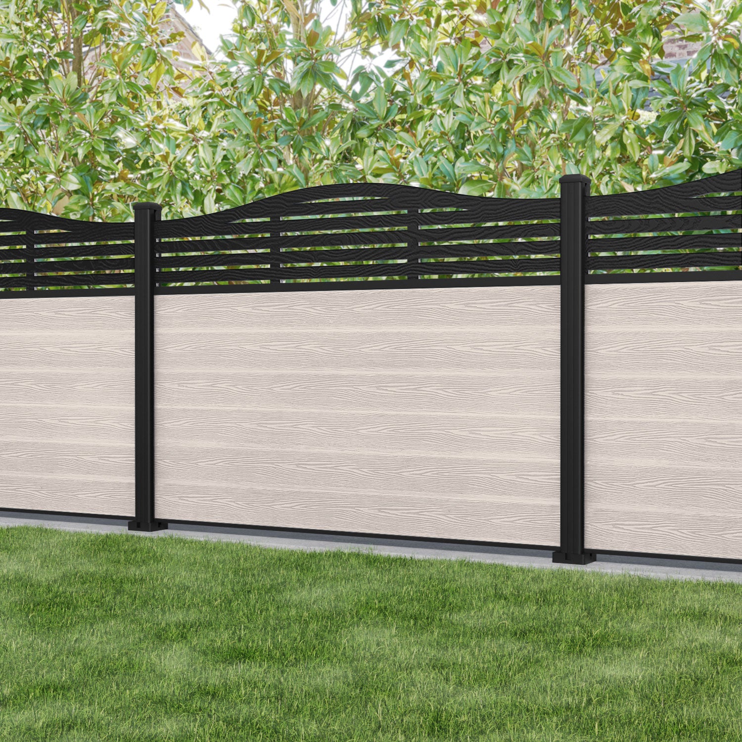 Classic Aspen Curved Top Fence Panel - Mid Stone - with our aluminium posts