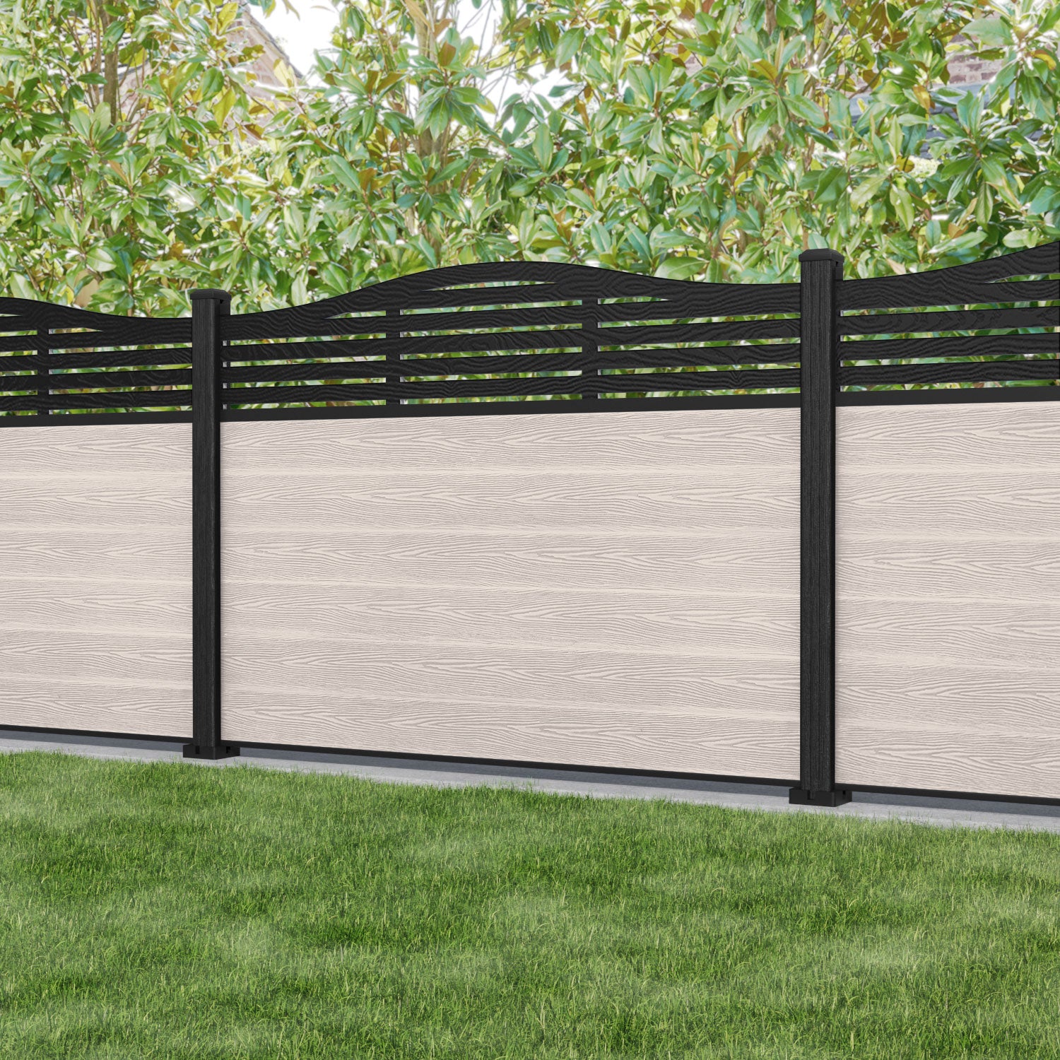Classic Aspen Curved Top Fence Panel - Mid Stone - with our composite posts