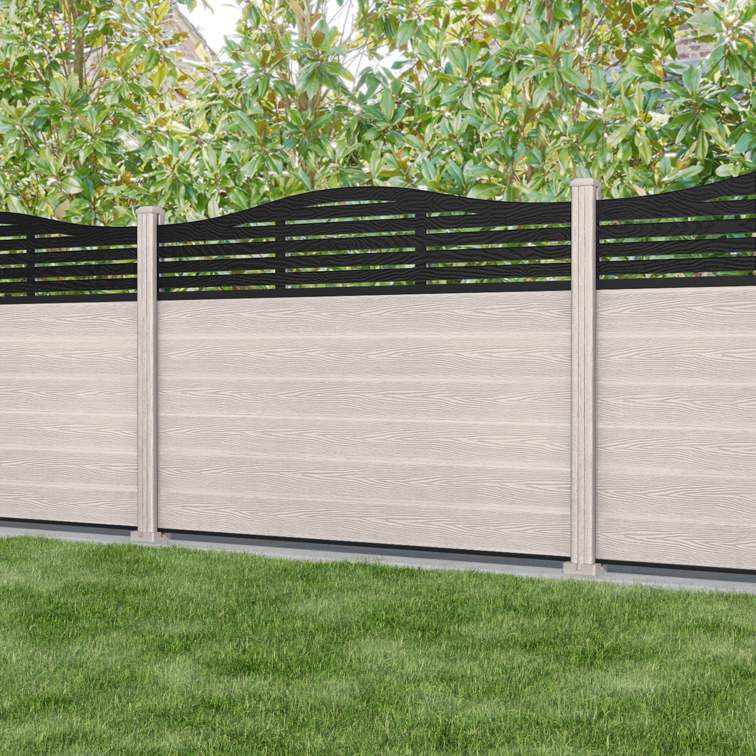 Classic Aspen Curved Top Fence Panel - Mid Stone - with our composite posts