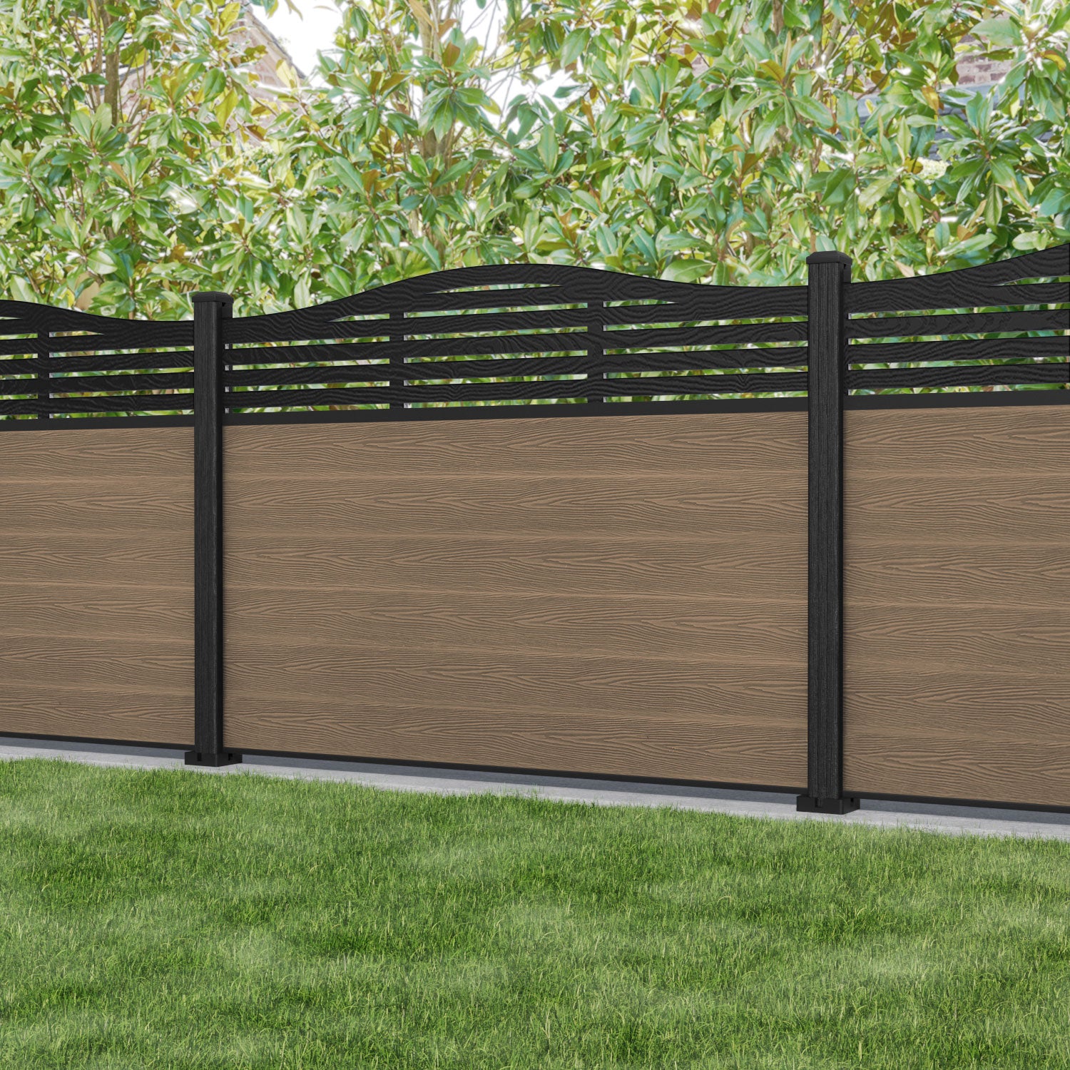 Classic Aspen Curved Top Fence Panel - Teak - with our composite posts
