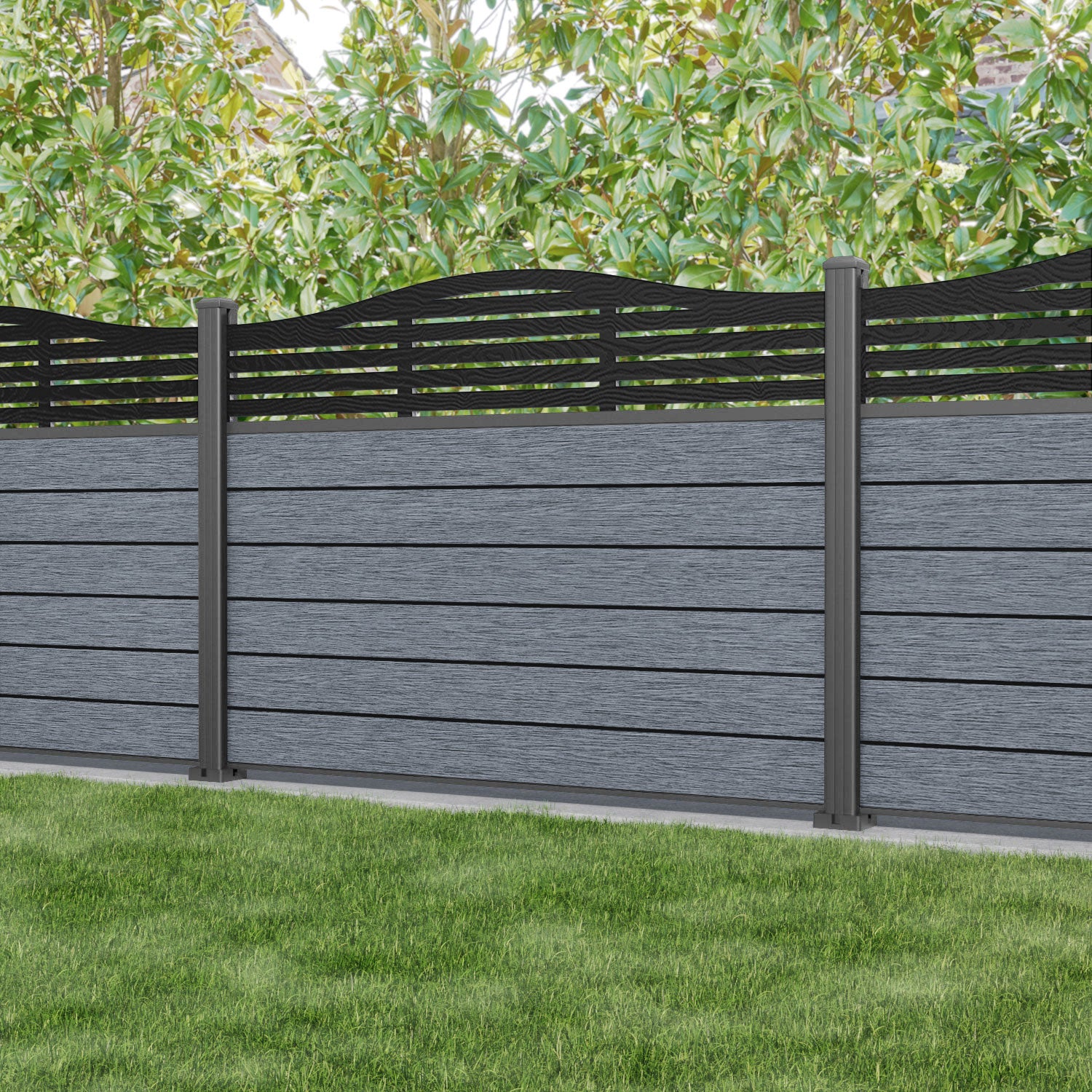Fusion Aspen Curved Top Fence Panel - Anthracite - with our aluminium posts