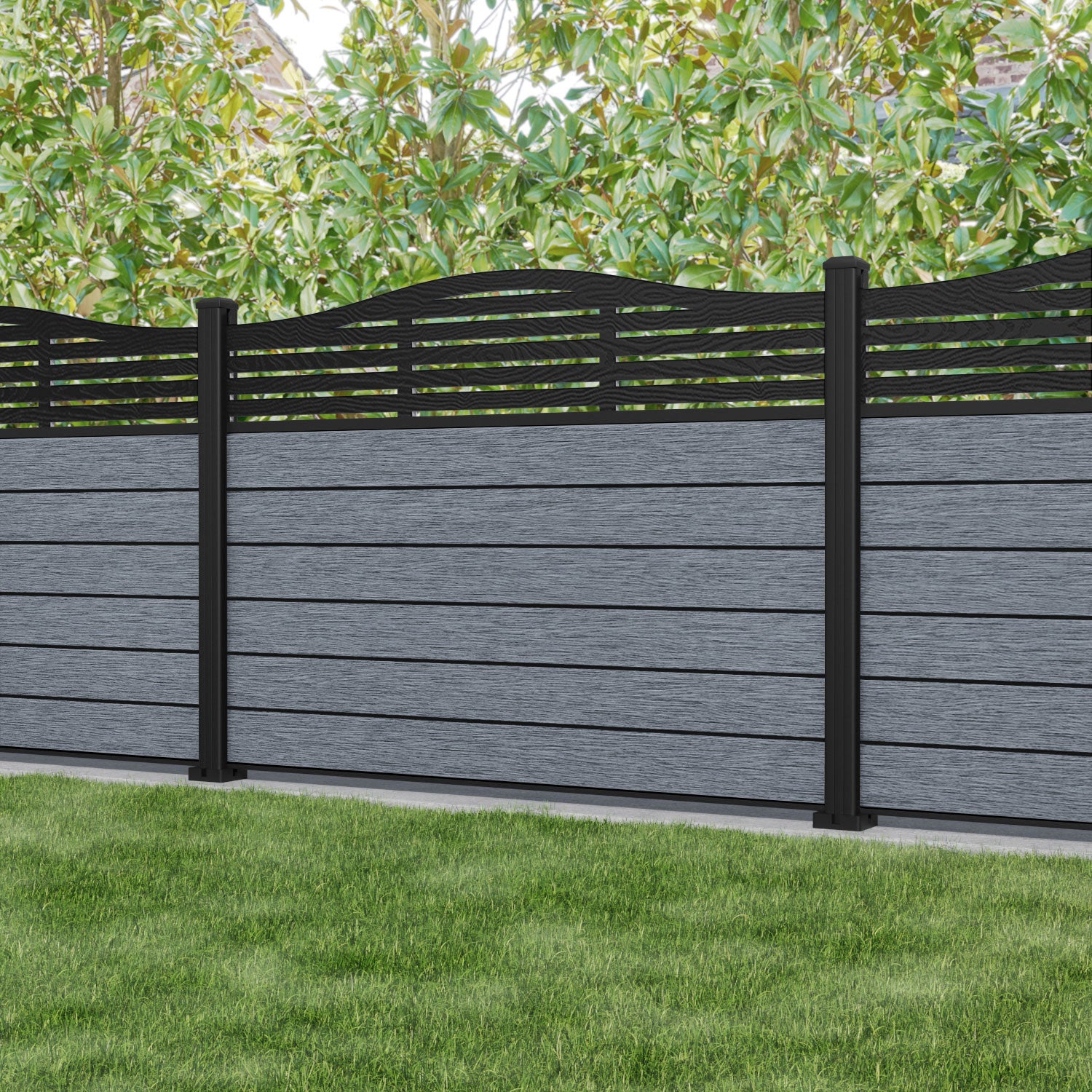 Fusion Aspen Curved Top Fence Panel - Anthracite - with our aluminium posts