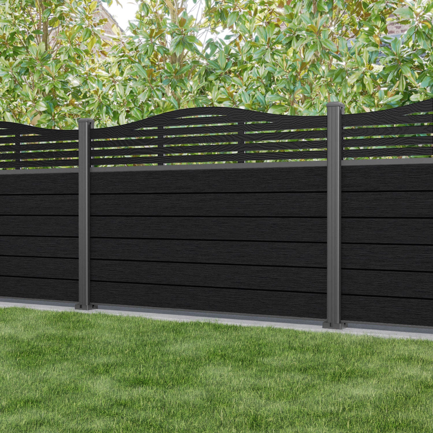 Fusion Aspen Curved Top Fence Panel - Black - with our aluminium posts