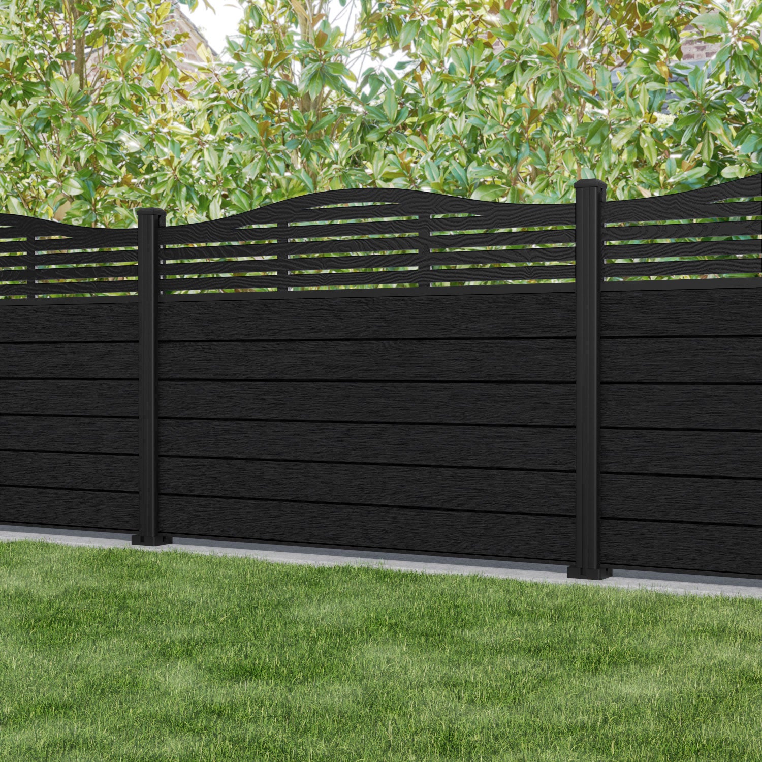 Fusion Aspen Curved Top Fence Panel - Black - with our composite posts
