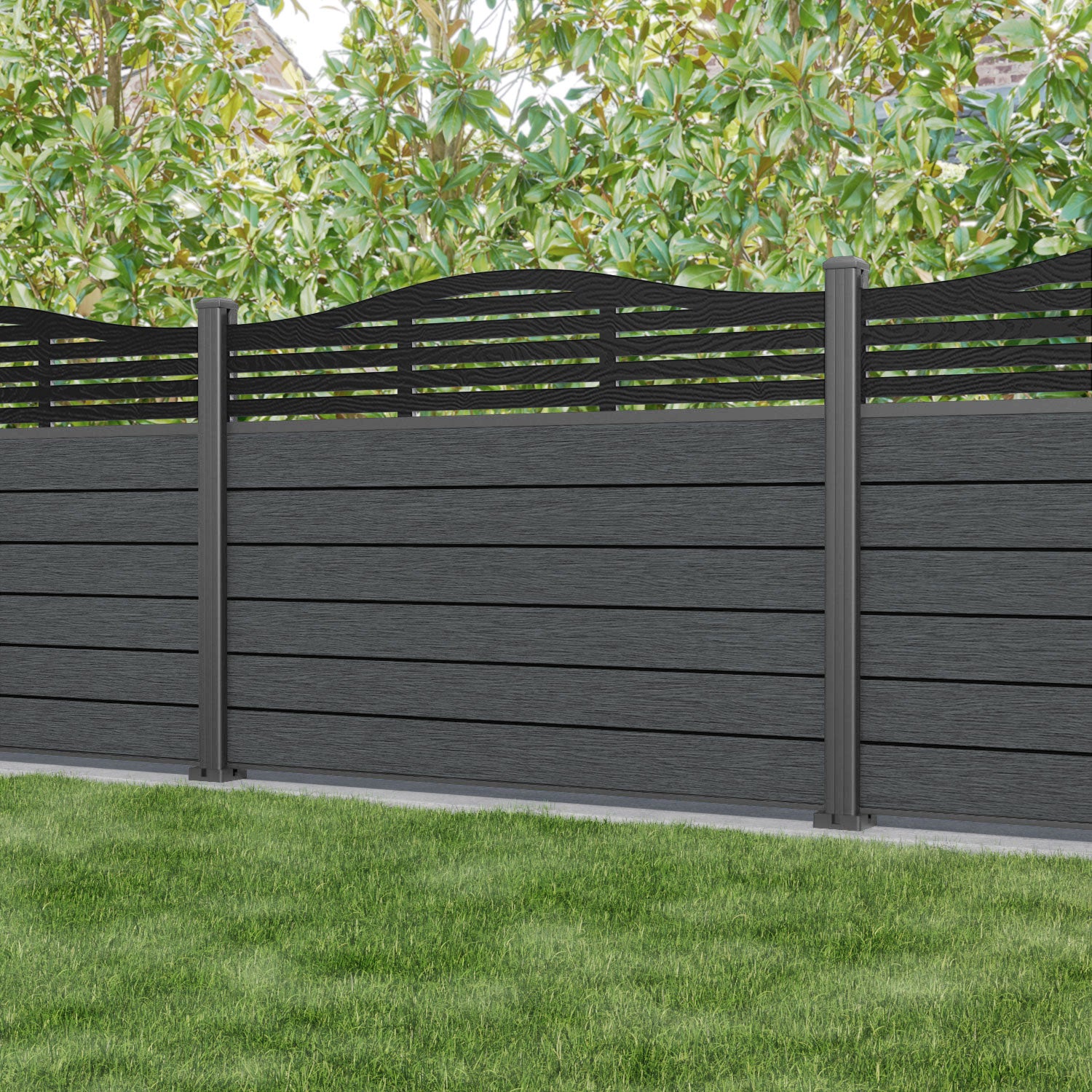 Fusion Aspen Curved Top Fence Panel - Dark Grey - with our aluminium posts