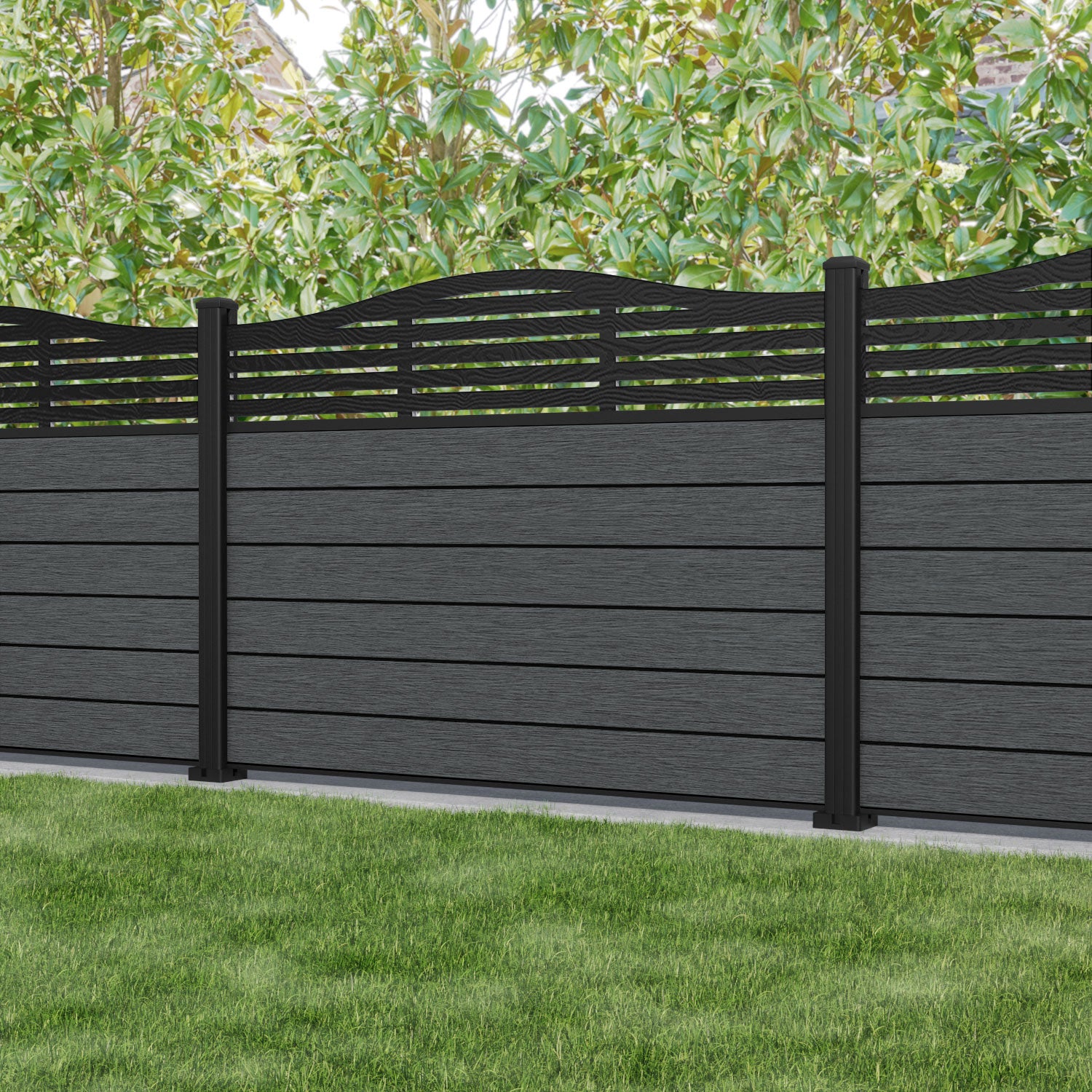 Fusion Aspen Curved Top Fence Panel - Dark Grey - with our aluminium posts